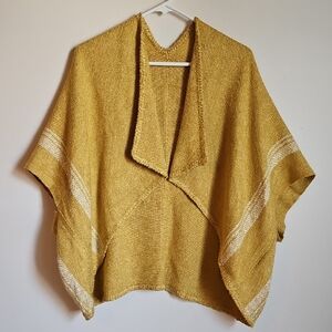 Hand Woven Oversized Poncho Wrap Mustard Yellow White Stripe Artsy Artisan Made